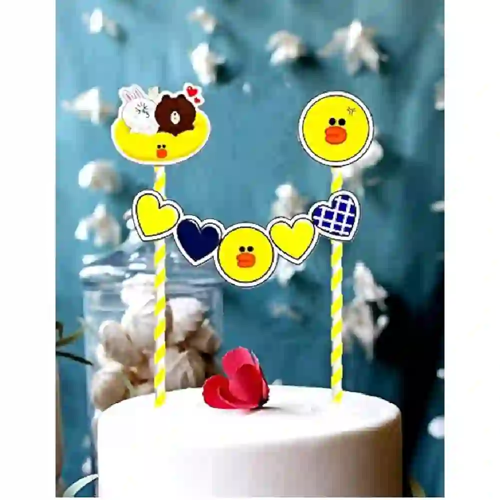 GulfDealz Birthday Cake Topper with Heart Garland and Cute Duck and Bear Character Signs Pre Assembled Paper Cake Decoration on Striped Sticks Multicolour
