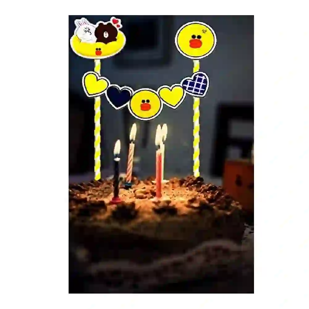 GulfDealz Birthday Cake Topper with Heart Garland and Cute Duck and Bear Character Signs Pre Assembled Paper Cake Decoration on Striped Sticks Multicolour - Image 2