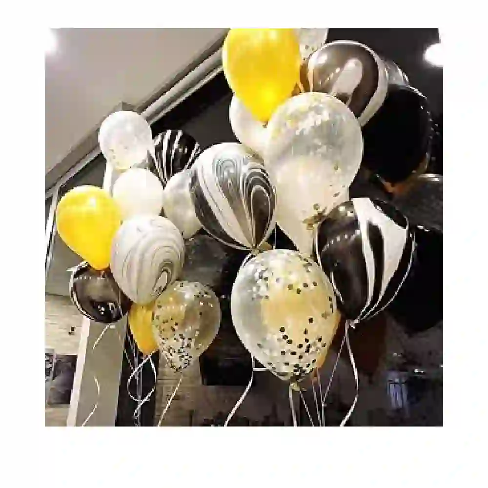 GulfDealz Black and Gold Party Balloon Set with Gold Confetti and Black Marble Agate Latex Balloons Curling Ribbon and Tying Tool for Birthday Wedding and Graduation