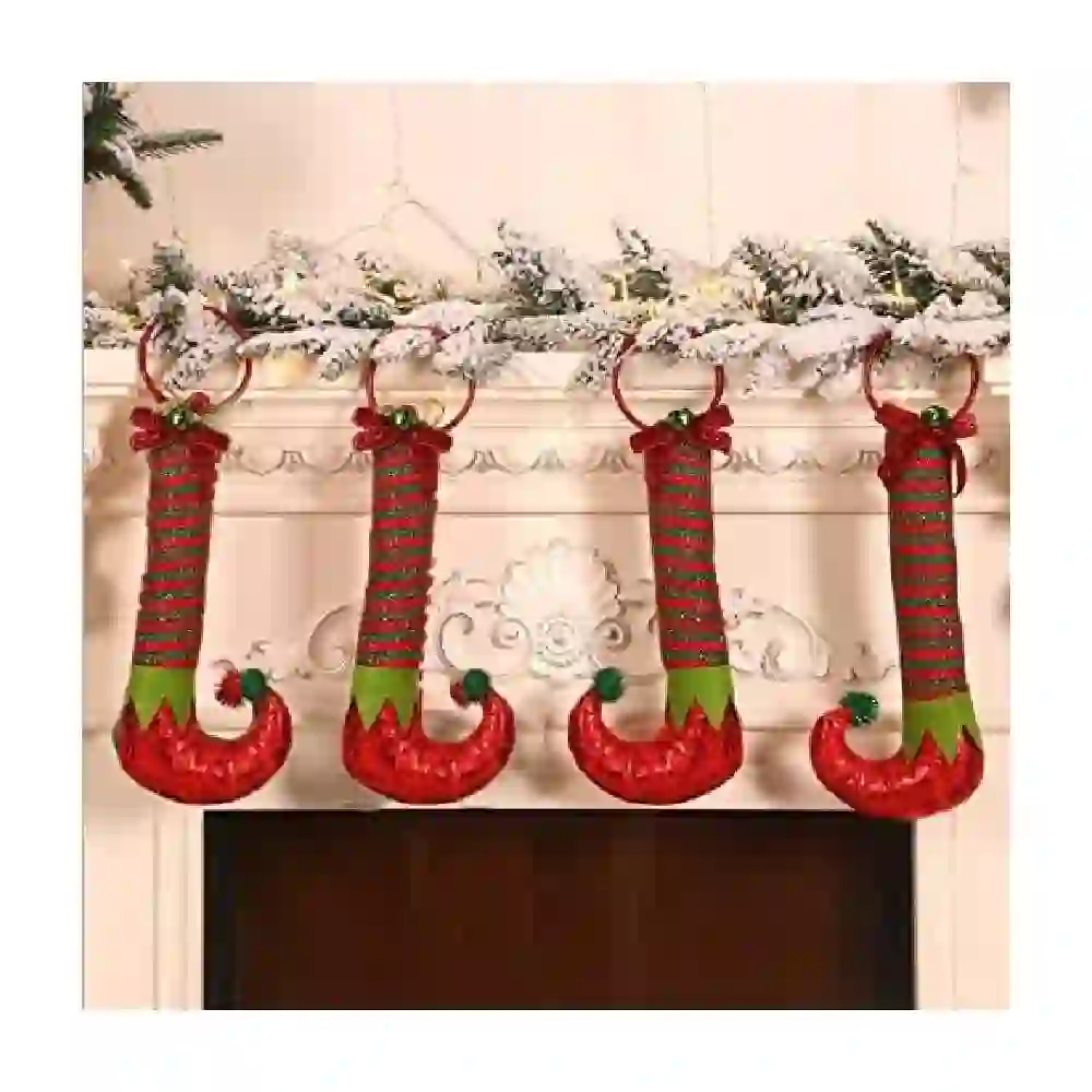 GulfDealz Christmas Elf Leg Hanging Ornament Plush Stuffed Striped Elf Shoe with Jingle Bell and Bow Cotton and Felt Xmas Tree Decoration - Image 3