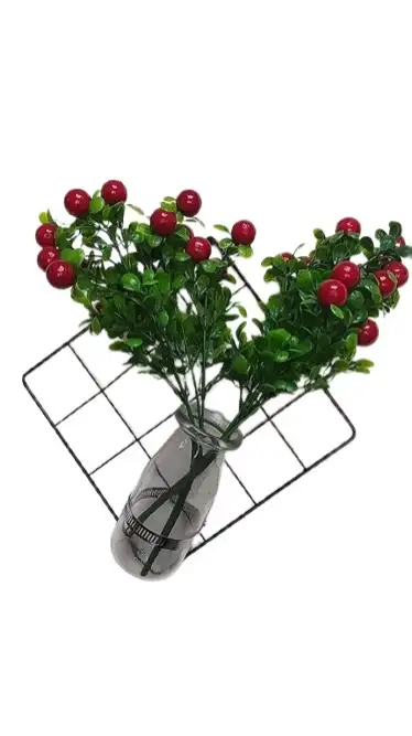 GulfDealz Hanging Flower Pot Wall Decor with Artificial Red Cherry Berries Green Leaves and String Lights in a Ribbed Glass Vase Red and Green