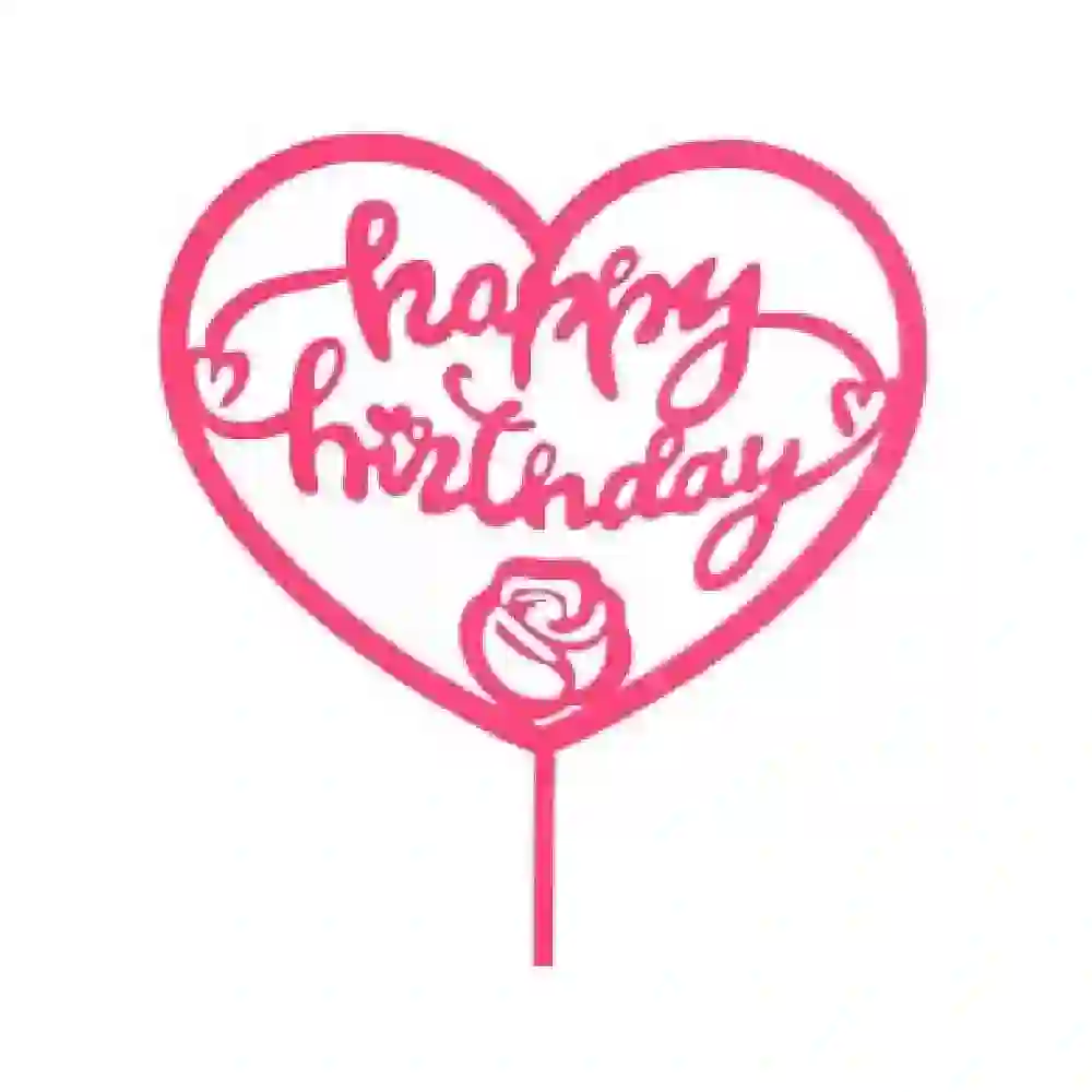 GulfDealz Happy Birthday Heart Cake Topper with Rose Detail Acrylic Cake Decoration for Birthday Parties Cakes and Cupcakes Pink