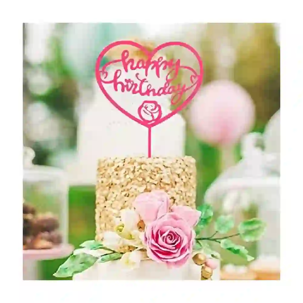 GulfDealz Happy Birthday Heart Cake Topper with Rose Detail Acrylic Cake Decoration for Birthday Parties Cakes and Cupcakes Pink - Image 2