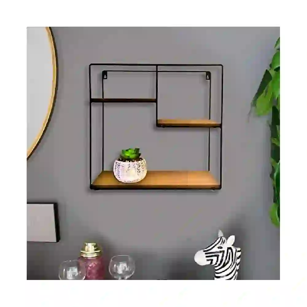 GulfDealz Three Tier Metal Frame Wall Shelf with Fibreboard Shelves Wall Mounted Decorative Cubby Shelf for Living Room Bedroom Kitchen and Bathroom Black - Image 2
