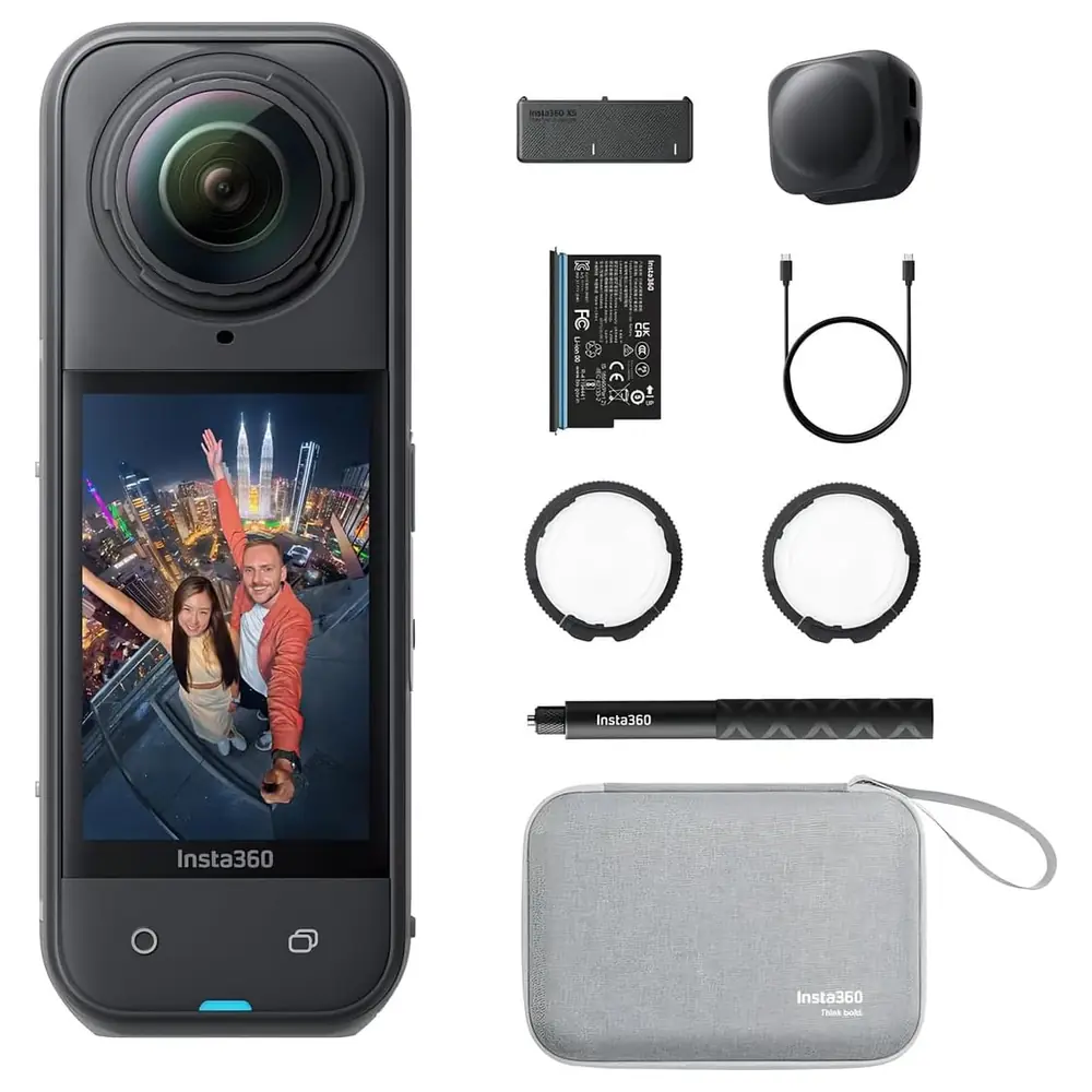Insta360 X5 Essentials Bundle 8K 360 Action Camera with Extra Battery, Utility Fast Charge Case, Selfie Stick, Lens Guards and Carry Case, Black