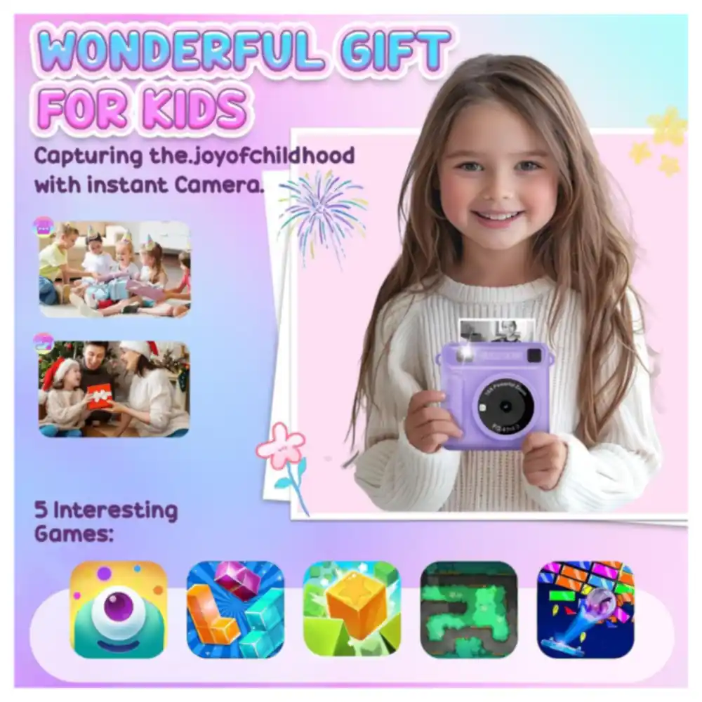 LENND Kids Instant Print Camera with Inkless Black and White Printing, 16x Digital Zoom, 2.4 Inch Screen, 32GB Card, Colour Pens and Built-in Games, Purple - Image 5