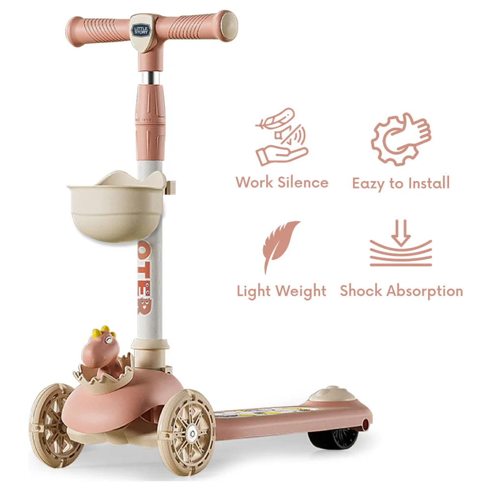 Little Story 2-in-1 Kids Scooter and Ride-On with Removable Seat, Flashing Wheels, Music, Storage Basket and 3-Level Adjustable Handlebar, Dinosaur Pink - LS_2IN1BSC_PI - Image 9
