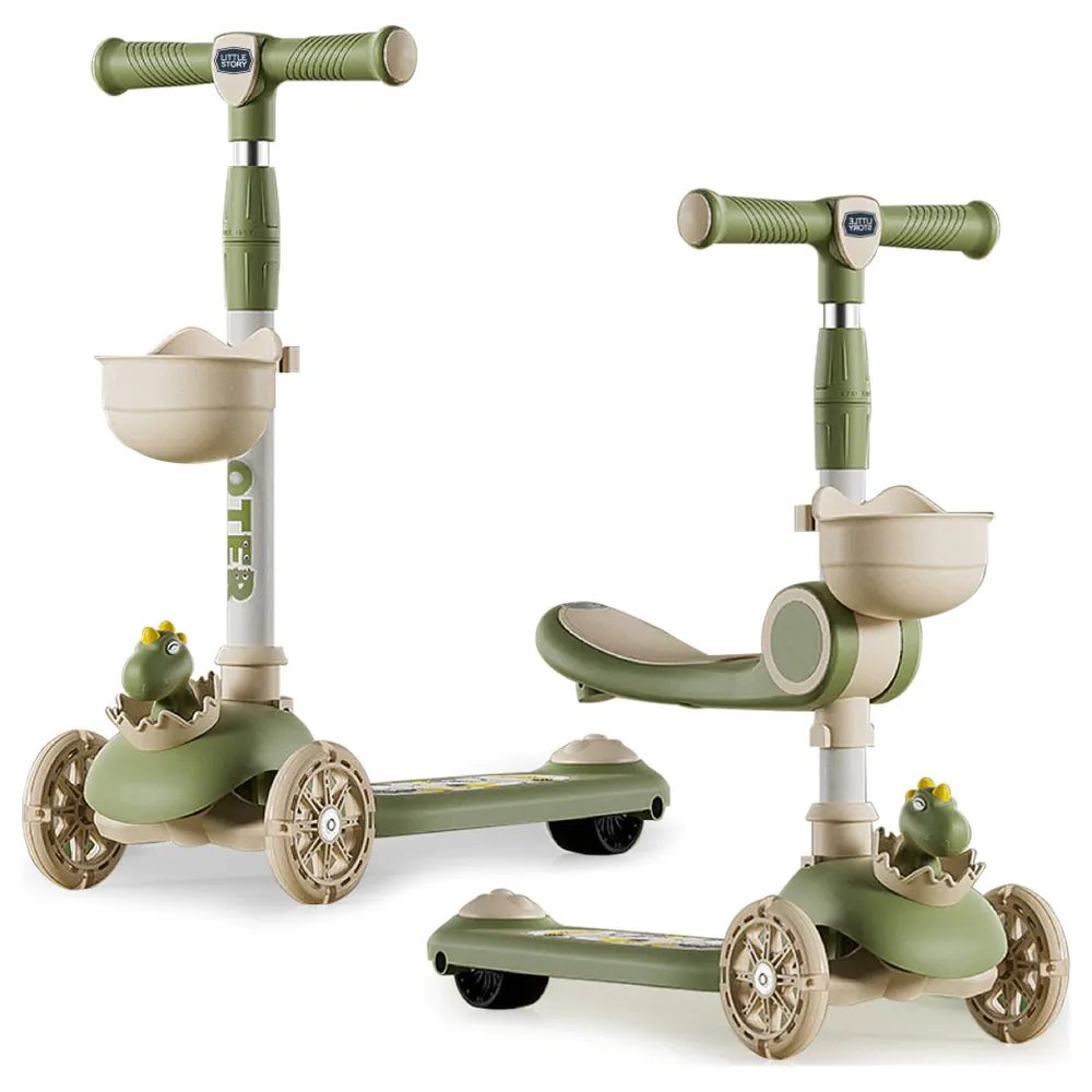 Little Story 2-in-1 Kids Scooter and Ride-On with Removable Seat, Flashing Wheels, Music, Storage Basket and 3-Level Handlebar, Dinosaur Green - LS_2IN1BSC_GR