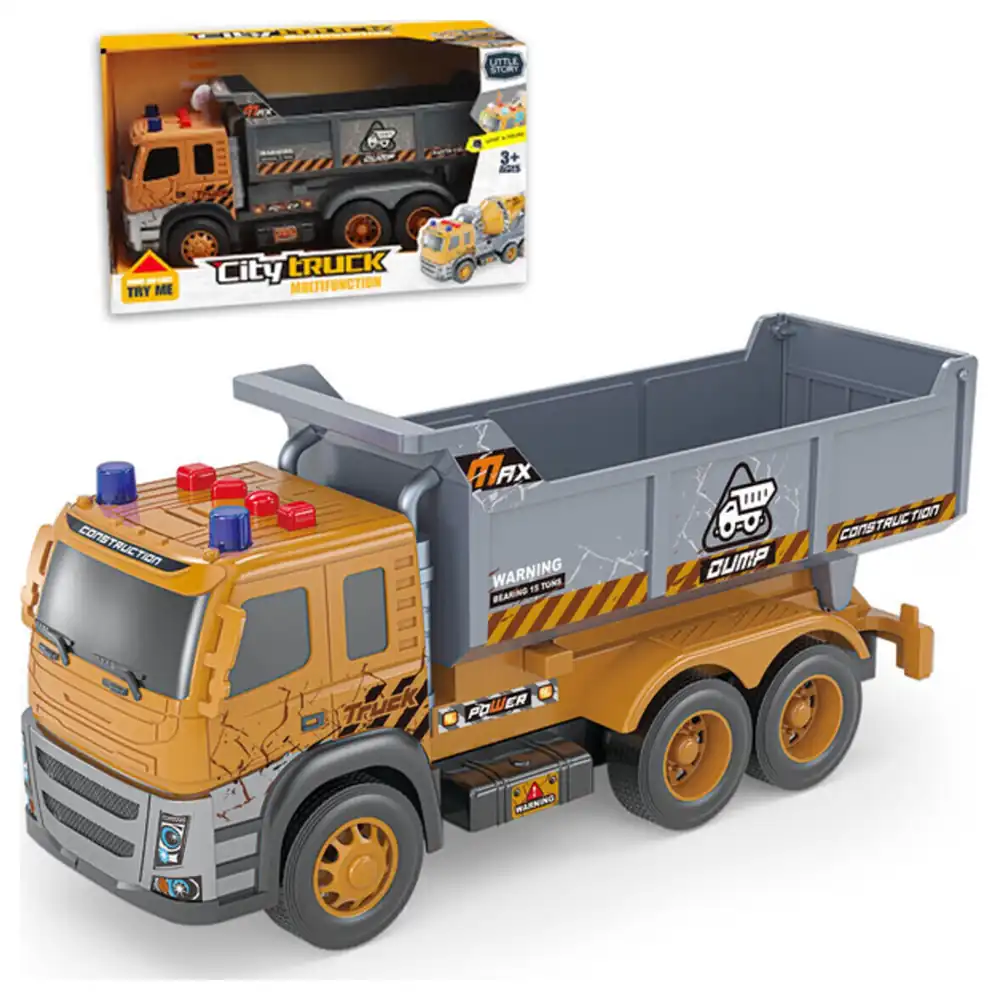 Little Story City Truck Friction-Powered Dump Truck Toy with Light and Sound, 32 cm Construction Vehicle with 3 AG13 Batteries Included - Yellow - LS_DTWLS_YE