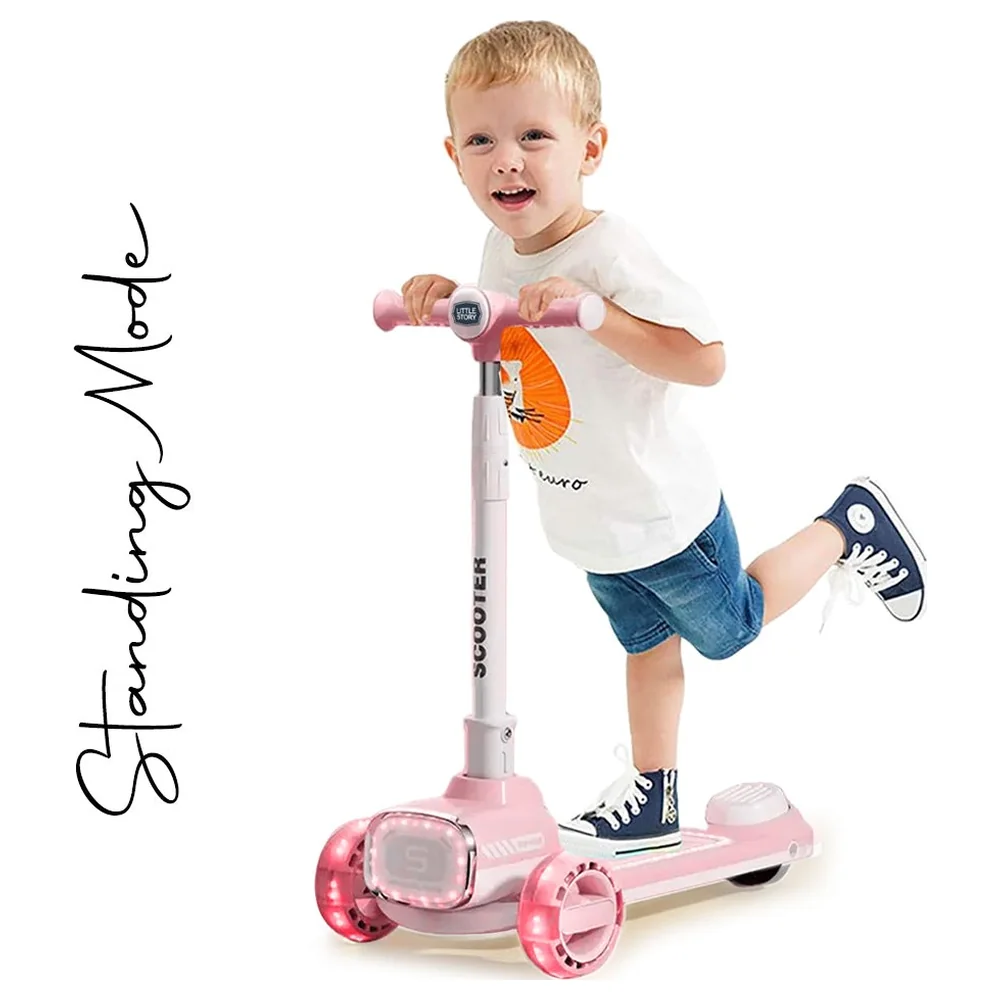 Little Story Kids Scooter with Ride-On Seat and Parent Push Handle, Flashing LED Wheels, Music, 3 Height Settings, Foldable, 18 Months to 8 Years, Pink - LS_4IN1BSC_PI - Image 5
