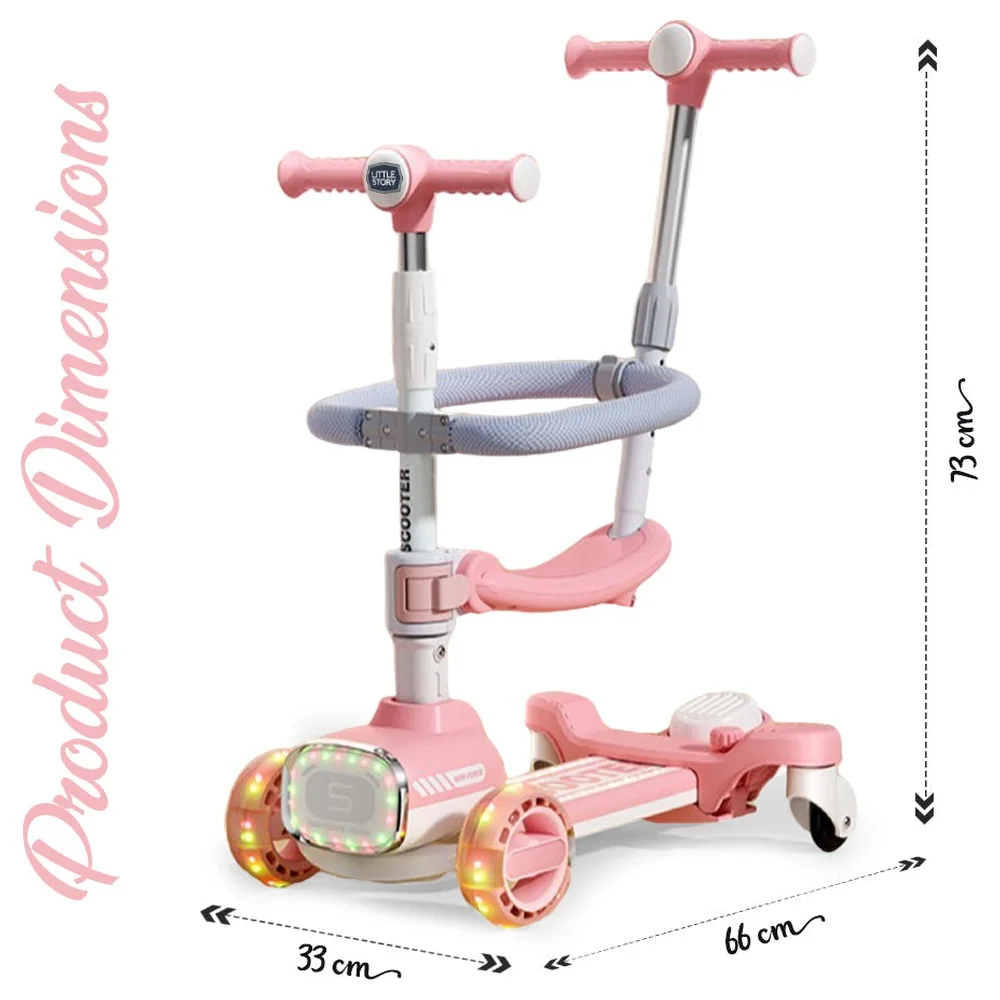 Little Story Kids Scooter with Ride-On Seat and Parent Push Handle, Flashing LED Wheels, Music, 3 Height Settings, Foldable, 18 Months to 8 Years, Pink - LS_4IN1BSC_PI - Image 8