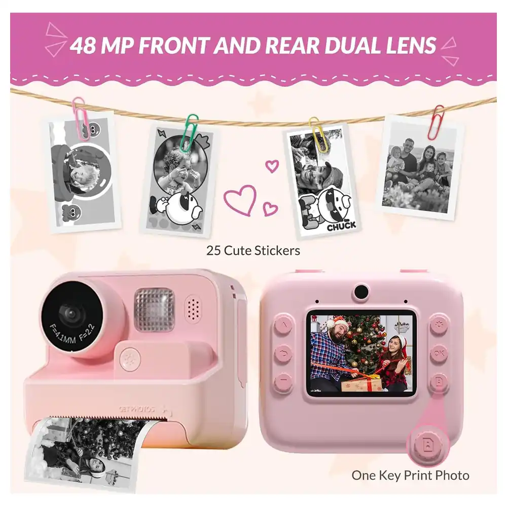 Mafiti Kids Instant Print Camera, 48MP Photos and 1080P Video, Front and Rear Dual Lens, Ink-Free Printing, 3 Paper Rolls, 32GB Card and 6 Colour Pens, Pink - Image 2