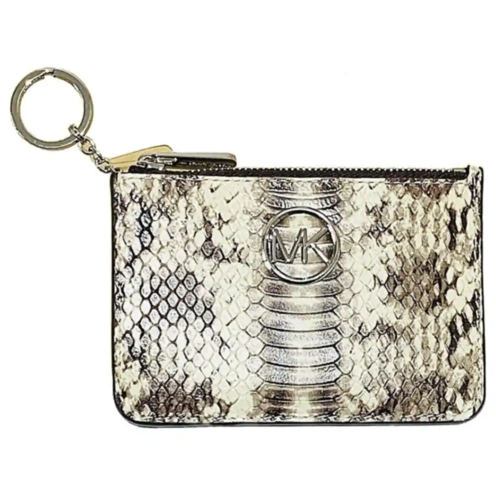 Michael Kors Fulton Women's Coin Pouch in Natural Animal-Print Embossed Leather with Silver-Tone MK Logo, Top Zip and Key Ring