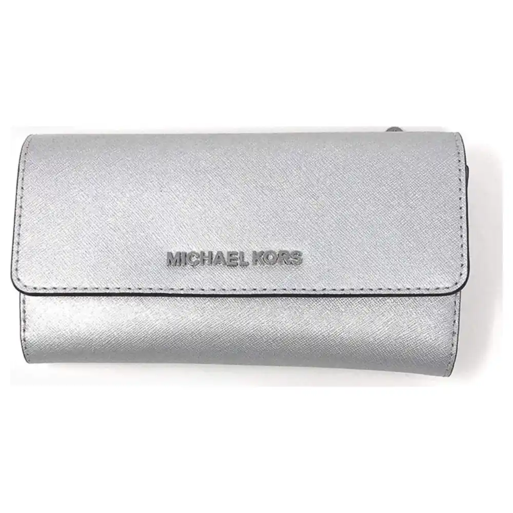 Michael Kors Jet Set Travel Large Trifold Wallet for Women in Metallic Silver Leather with Snap Flap, ID Window and Back Zip Pocket