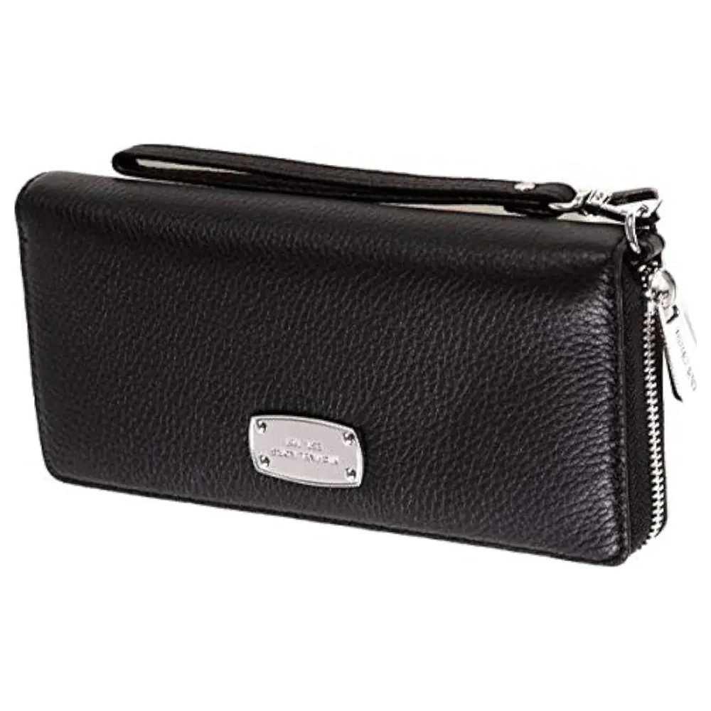 Michael Kors Jet Set Travel Women's Continental Zip-Around Wristlet Wallet in Black Pebbled Leather with Silver-Tone Logo Plaque