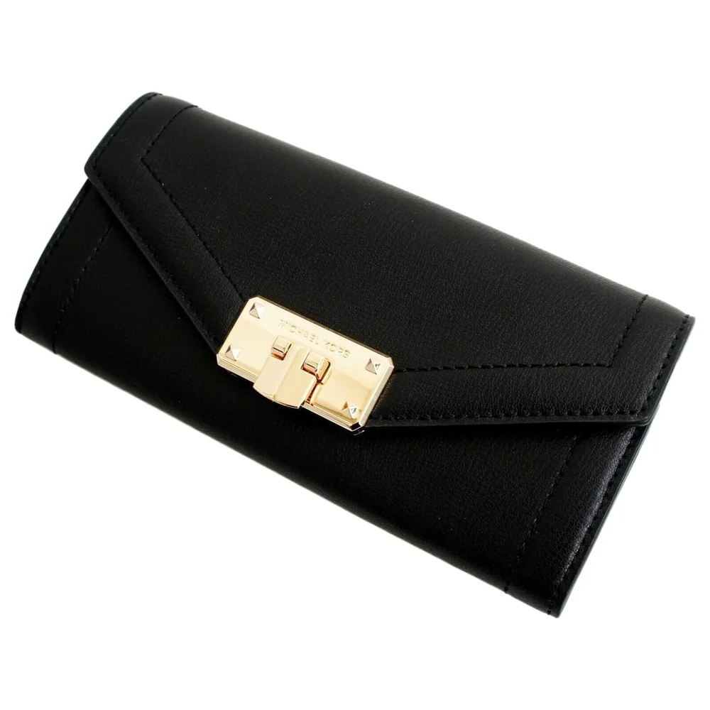 Michael Kors Kinsley Women's Carryall Flap Wallet in Black Leather with Gold-Tone Signature Turn-Lock and Envelope Flap - 35S9GYKE3L