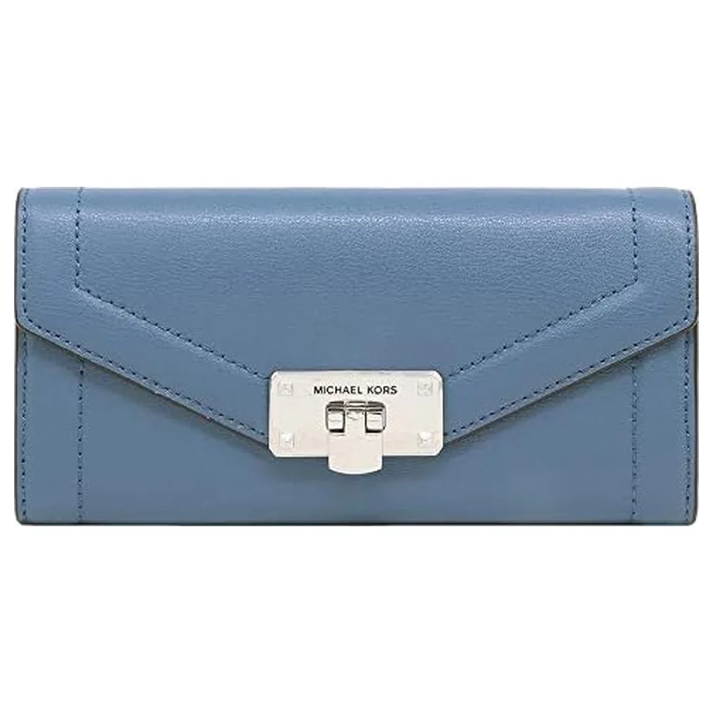 Michael Kors Kinsley Women's Carryall Long Wallet in Dark Chambray Leather with 10 Card Slots, Middle Zip and Silver-Tone Hardware