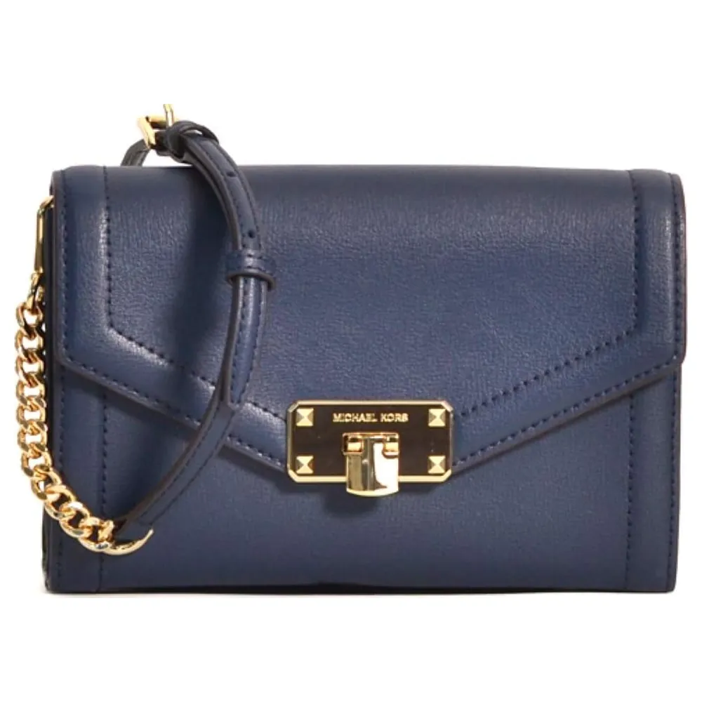 Michael Kors Kinsley Women's Navy Leather Crossbody Flap Bag with Built-In Wallet, Gold-Tone Turn-Lock and Chain Shoulder Strap - 35S9GYKC2L - Image 2