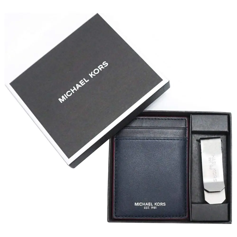 Michael Kors Men's Card Case and Money Clip Gift Box Set in Navy with Crimson Edges, Slim 4-Slot Card Holder and Engraved Metal Clip