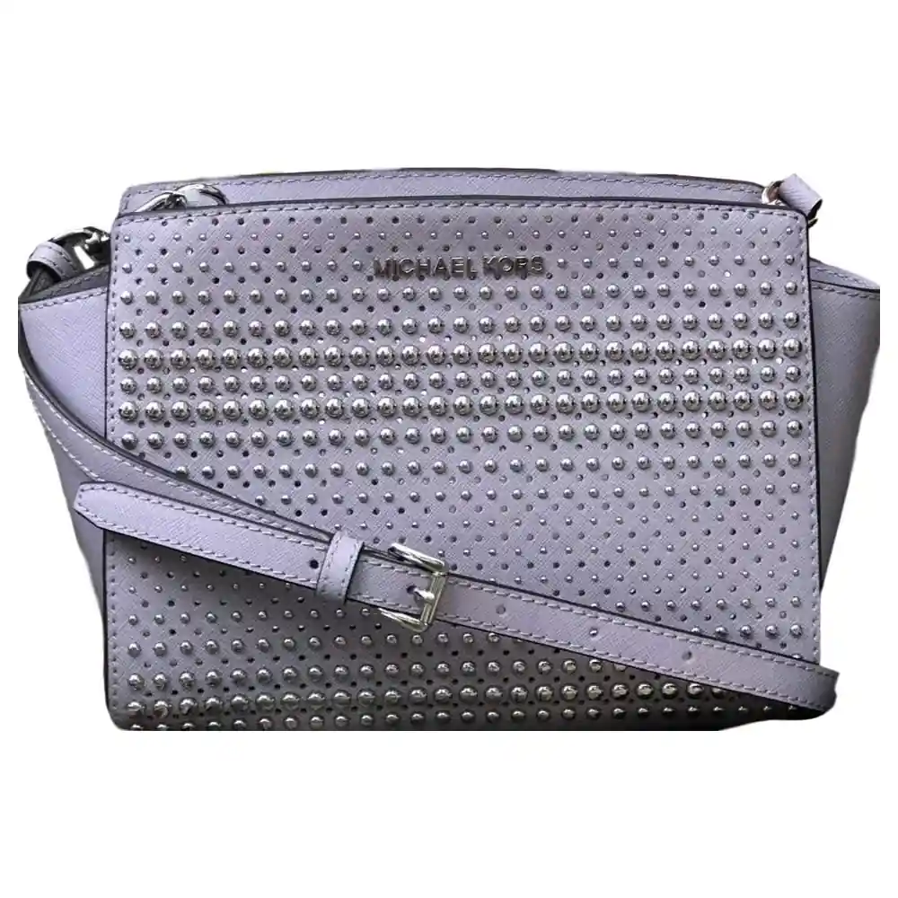 Michael Kors Selma Stud Medium Messenger Crossbody Bag for Women in Lilac Saffiano Leather with All-Over Silver-Tone Studs and Adjustable Strap