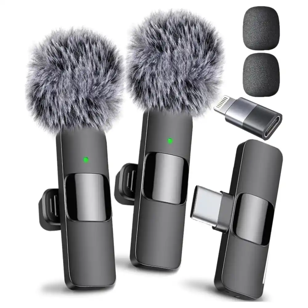 Mini Mic Pro Wireless Lavalier Microphone Set with 2 Clip-On Mics, USB-C Receiver and Lightning Adapter, Plug and Play for iPhone, Android, Tablet and Laptop