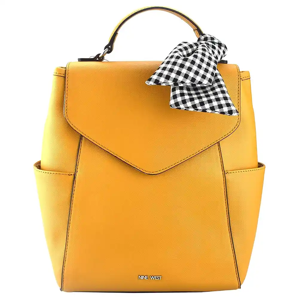 Nine West Jordyn Women's Backpack Handbag in Mustard with Gingham Scarf, Envelope Flap, Magnetic Closure and Removable Adjustable Straps