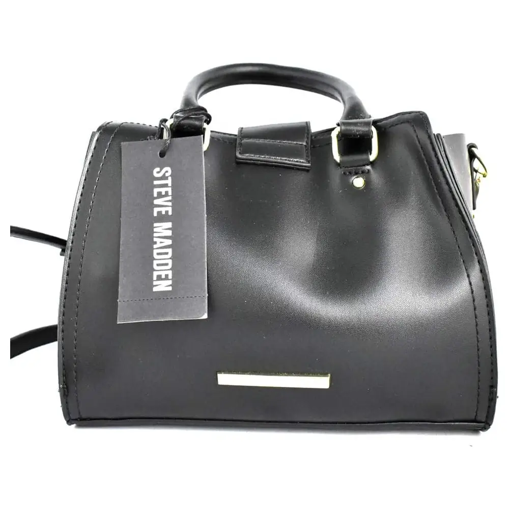 Steve Madden Women's Small Satchel Bag in Black Faux Leather with Flap-Over Front, Gold-Tone Turn-Lock, Rolled Handles and Detachable Crossbody Strap - Image 3