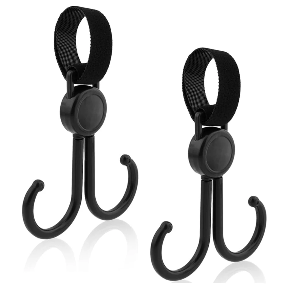 Sunveno 360 Degree Rotating Double Stroller Hooks with Adjustable Hook and Loop Strap, Tool-Free Fit for Strollers, Wheelchairs and Carts, Black, 2 Pack - SN_HK_BK