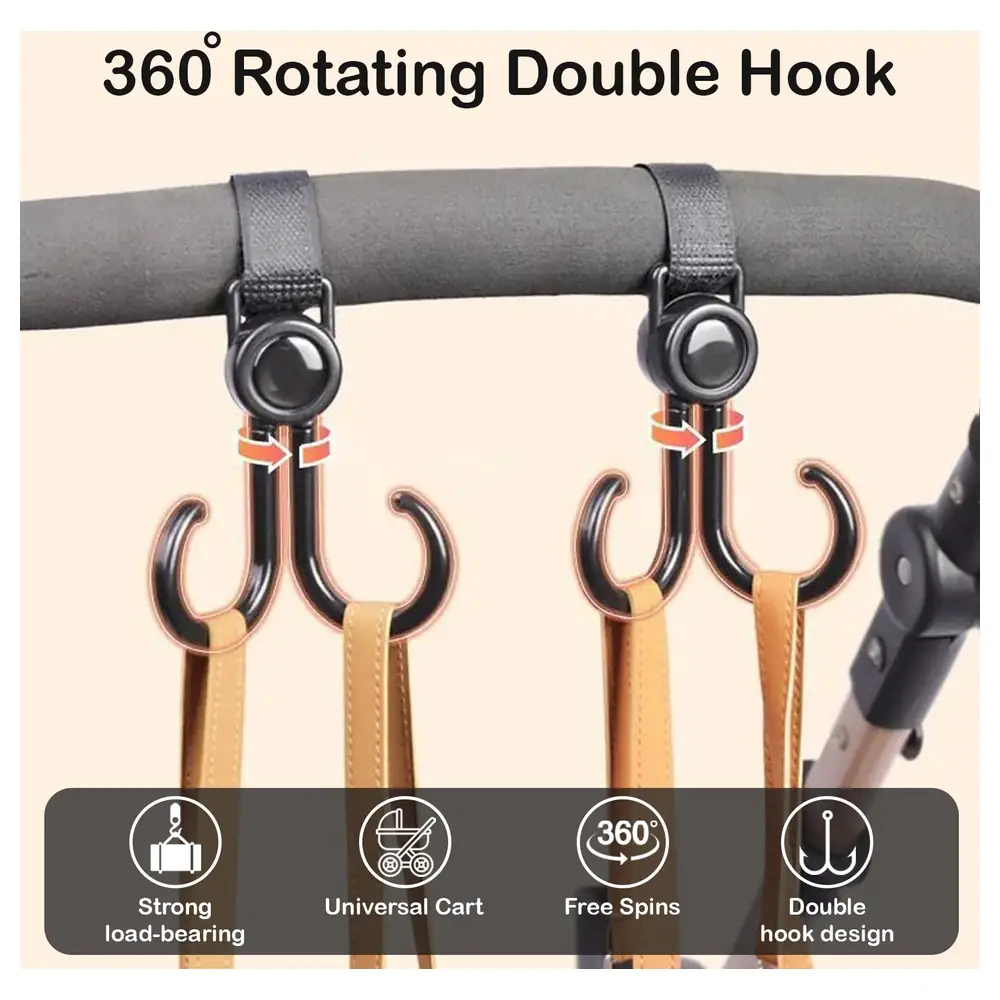 Sunveno 360 Degree Rotating Double Stroller Hooks with Adjustable Hook and Loop Strap, Tool-Free Fit for Strollers, Wheelchairs and Carts, Black, 2 Pack - SN_HK_BK - Image 4