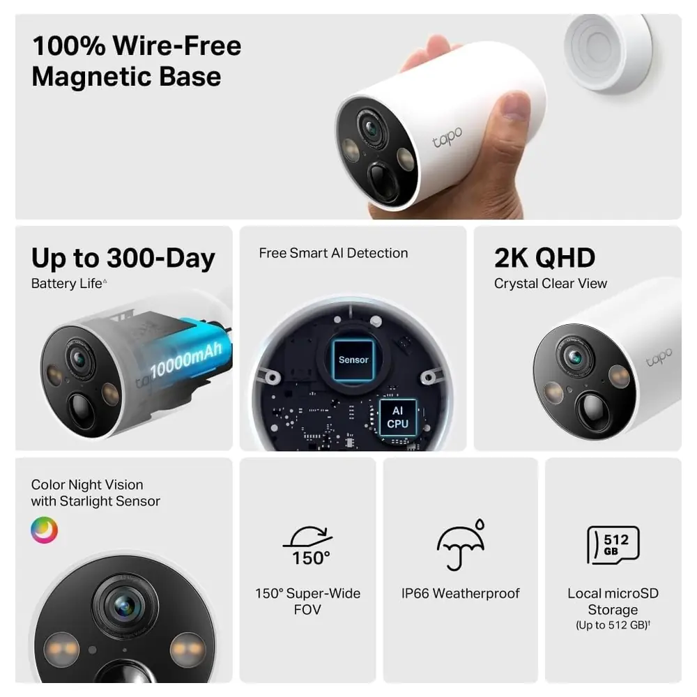 Tapo C425 2K QHD Wire-Free Outdoor Security Camera, 10000mAh Battery up to 300 Days, Colour Night Vision, AI Person Pet and Vehicle Detection, IP66, Magnetic Base - C425 - Image 4