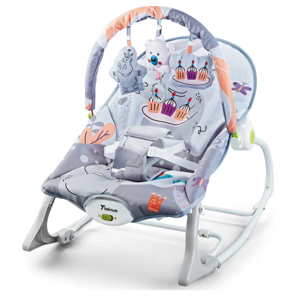 Teknum 3-in-1 Baby Rocker, Seat and Recliner with Soothing Music and Vibration, Removable Toy Bar, 3-Point Harness, Up to 18kg, Party Grey - TK_3IN1RKWM_GY