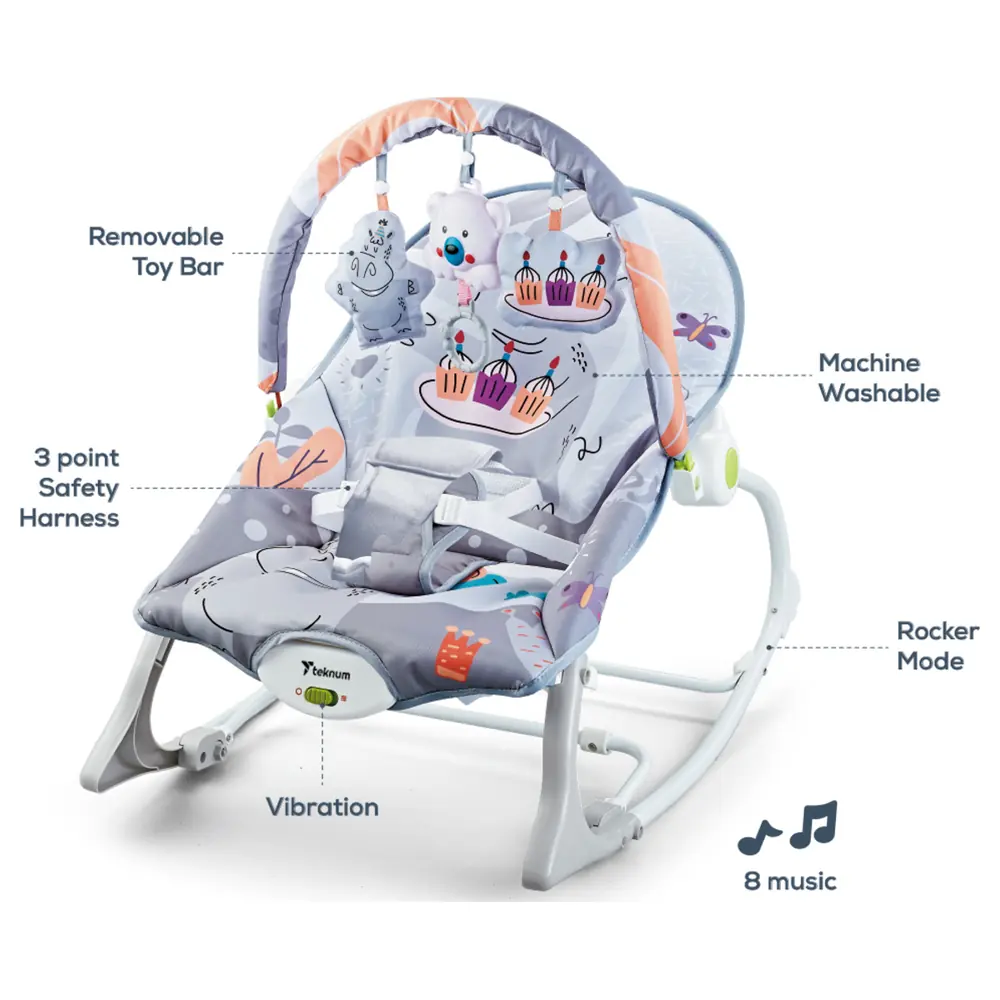 Teknum 3-in-1 Baby Rocker, Seat and Recliner with Soothing Music and Vibration, Removable Toy Bar, 3-Point Harness, Up to 18kg, Party Grey - TK_3IN1RKWM_GY - Image 3