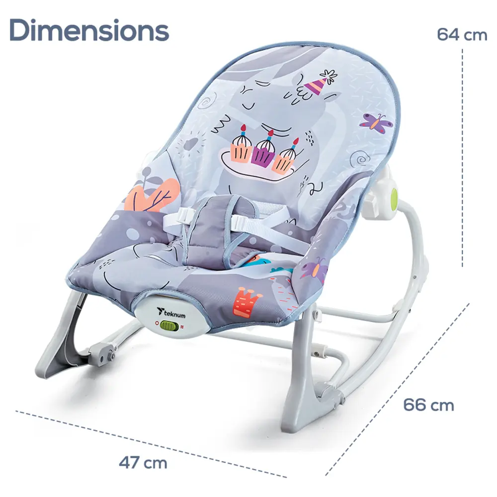 Teknum 3-in-1 Baby Rocker, Seat and Recliner with Soothing Music and Vibration, Removable Toy Bar, 3-Point Harness, Up to 18kg, Party Grey - TK_3IN1RKWM_GY - Image 5