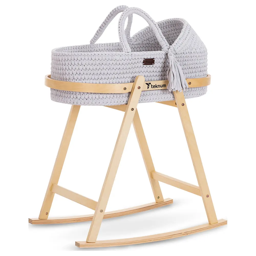 Teknum Handwoven Moses Rope Basket with Wooden Rocker Stand, Mattress, Pillow and Canopy Hood, Newborn Bassinet for 0-6 Months up to 9kg, Grey - CMTK_RPBABEST_GY