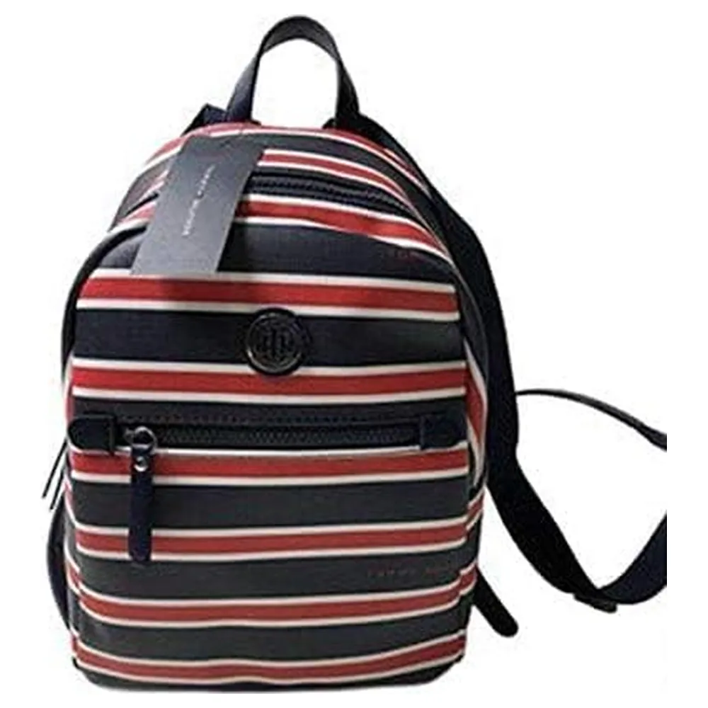 Tommy Hilfiger Unisex Striped Dome Backpack with Round TH Logo Plaque, Front Zip Pocket and Adjustable Shoulder Straps, Blue and Red