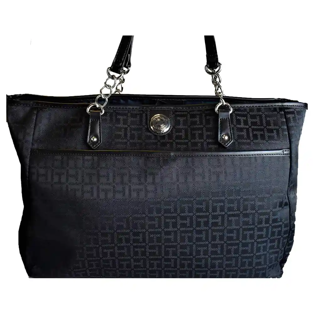 Tommy Hilfiger Women's Large Monogram Tote Handbag with Silver-Tone Chain-Link Handles, Snap Closure and Interior Zip Pocket, Black