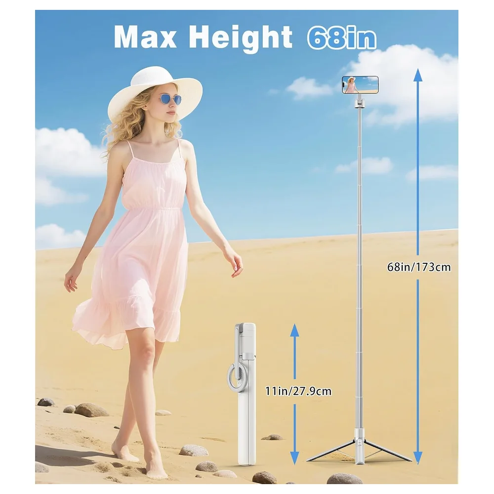TONEOF 173cm Magnetic Selfie Stick Tripod for MagSafe iPhone and Android with Aluminium Phone Mount, Detachable Rechargeable Remote and Metal Ring, Beige Grey - Image 4