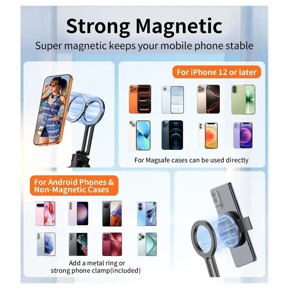 TONEOF 175cm Magnetic Selfie Stick Tripod for MagSafe and Android Phones with Wireless Remote, Cold Shoe and Quarter-Inch Screw Mount, 7-Section Aluminium, Black Red - Image 4