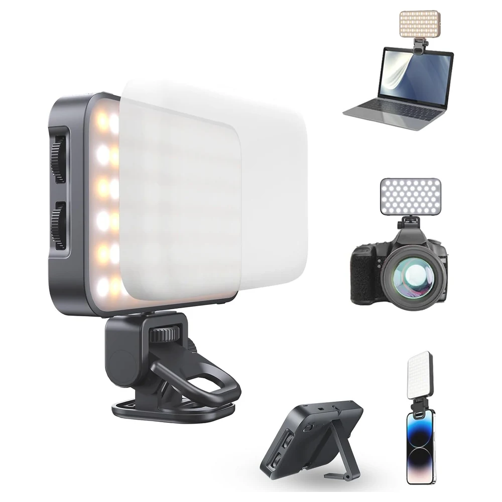TONEOF 96 LED Rechargeable Selfie and Video Light with Soft Diffuser, Clip, Cold Shoe Mount and Built-In Stand for Phone, Tablet, Laptop and Camera, Black