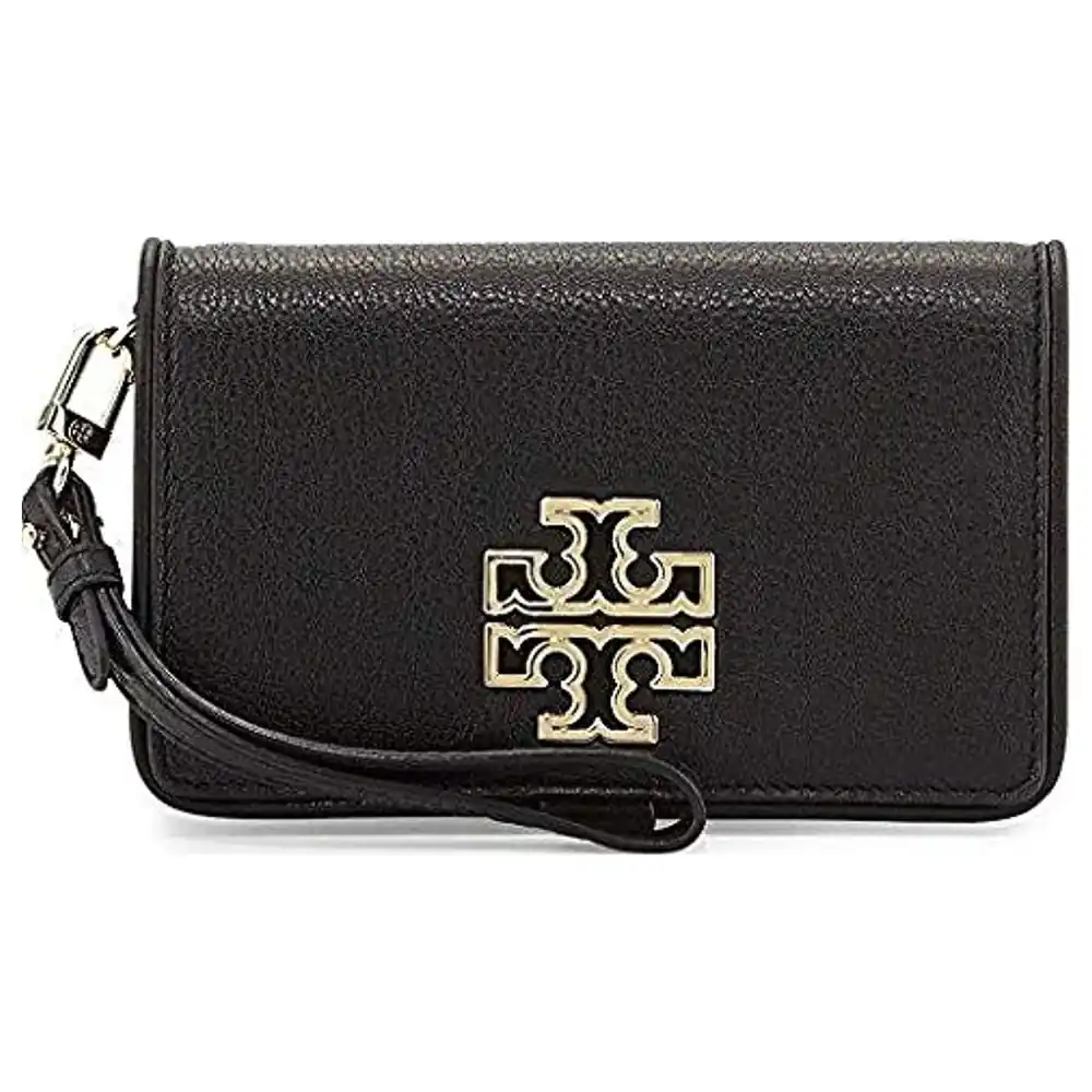 Tory Burch Britten Women's Smartphone Wallet Wristlet in Black Leather with Snap Flap and Oversized Gold-Tone Double T Logo