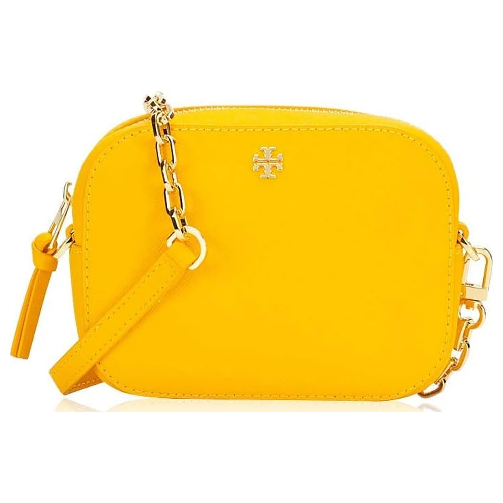 Tory Burch Emerson Round Crossbody Bag for Women in Cassia Yellow with Gold-Tone Chain Strap, Zip Top and Double T Logo