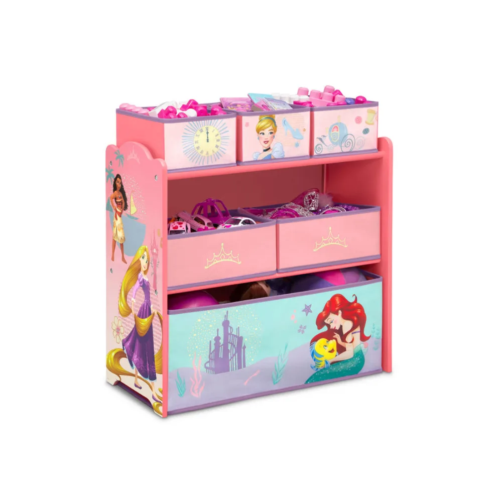 Delta Children Kids Toy Organizer with 6 Storage Bins 62.5 x 30 x 67.5 cm, Princess Wooden Storage Unit, Fabric Baskets and Reusable Stickers - TB87244PS-1038