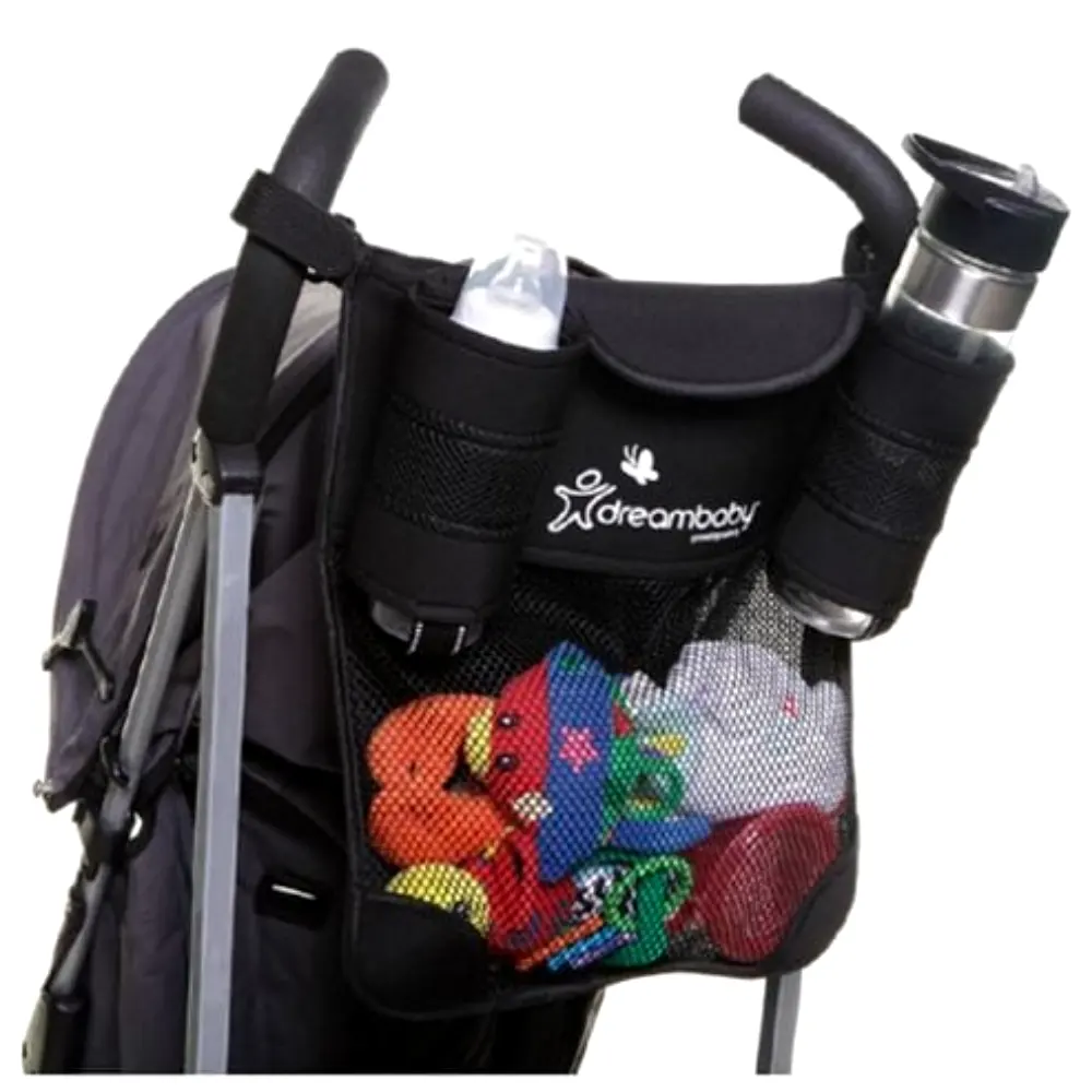Dreambaby Strollerbuddy Stroller Organiser with Cup Holders, Bottle Pockets, Large Mesh Pouch, Easily Attaches to Strollers, 32 x 2 x 38 cm, 3 Months and Above, Black - F287 - Image 4