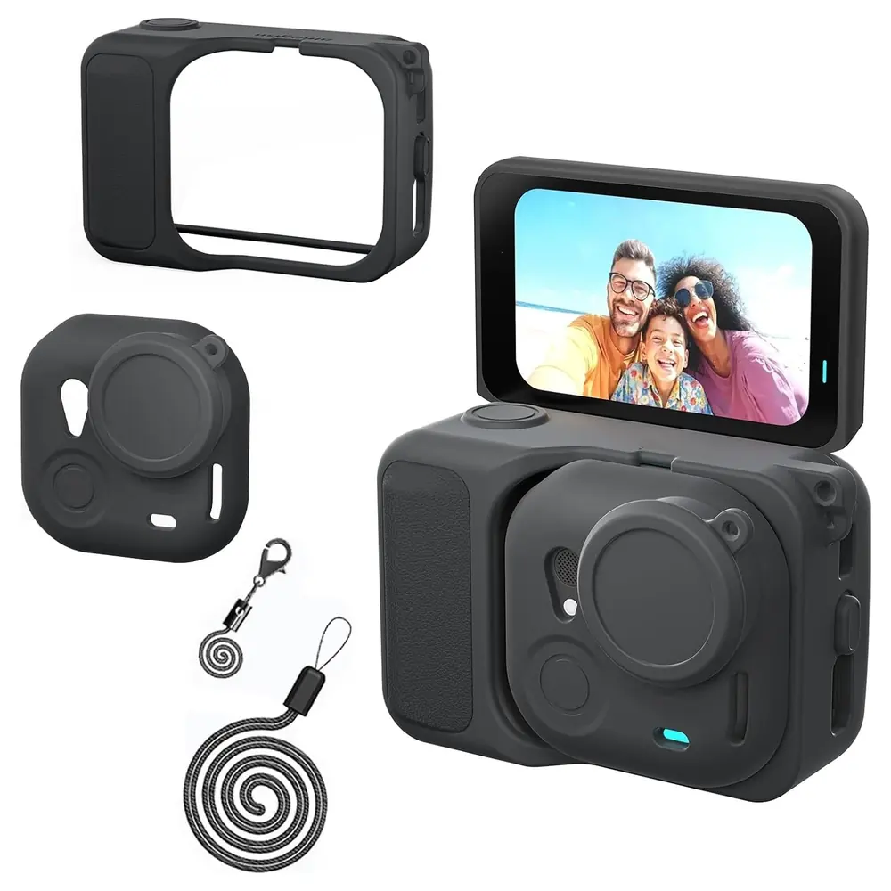 eWINNER 4-in-1 Silicone Case Set for Insta360 Go Ultra with Action Pod Sleeve, Camera Cover with Lens Cap, Lanyard and Anti-Lost Strap, Black - UT-WSLV-GZM9