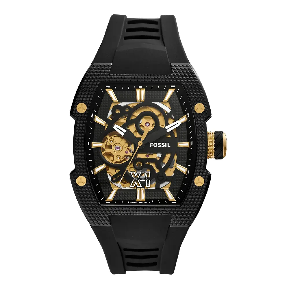 Fossil Men's Machine X1 42mm Automatic Watch, Black Dial, Black-Gold Stainless Steel Case, Black Silicone Strap, Sapphire Crystal, 5 ATM Water Resistance - ME3284
