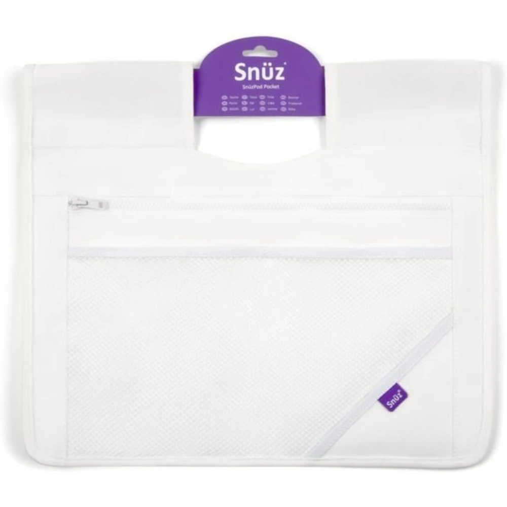 Snuz SnuzPod Storage Pocket, Bedside Crib Organiser with Dummy, Mesh and Zip Pockets, Canvas, Hand Washable, White - SP003A - Image 2