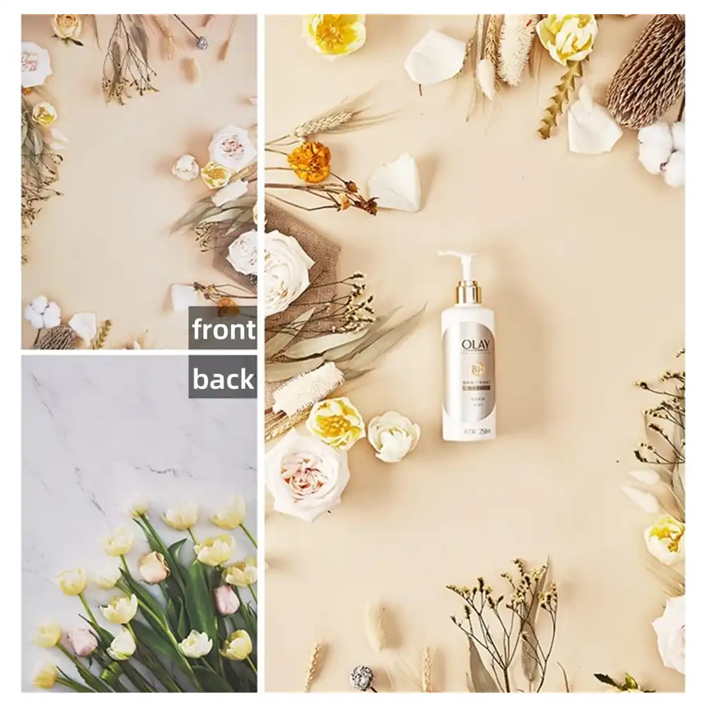 eWINNER Double-Sided Flat Lay Photography Background 60 x 90 cm, Waterproof Tulip and Floral Patterns for Food, Jewellery and Cosmetics Photos - I3-VOP7-WJW6 - Image 3