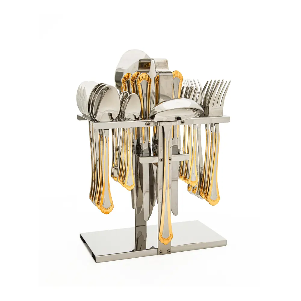 Zolten Drape Stainless Steel 32-Piece Cutlery Set with Stand Gold with Mirror Finish - ZL0713847