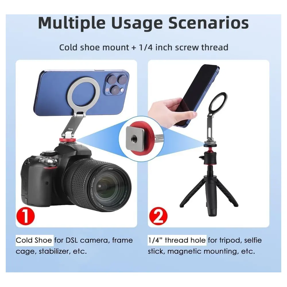 eWINNER Foldable Magnetic Cold Shoe Phone Mount with N52 Magnet, Aluminium Alloy, Quarter-Inch Screw Hole and Magnetic Ring for iPhone 17 16 15 14 - PG-63HA-D8OV - Image 4