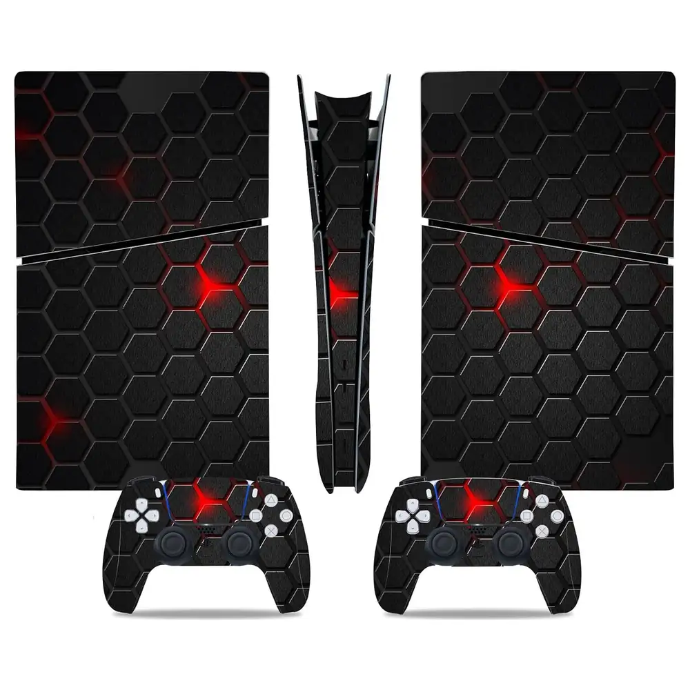 eWINNER Full Body Vinyl Skin Set for PS5 Slim Digital Edition Console and 2 Controllers, Black Hexagon Red Glow Design, Scratch Resistant Decal Wrap - 8Z-TJ5J-810F